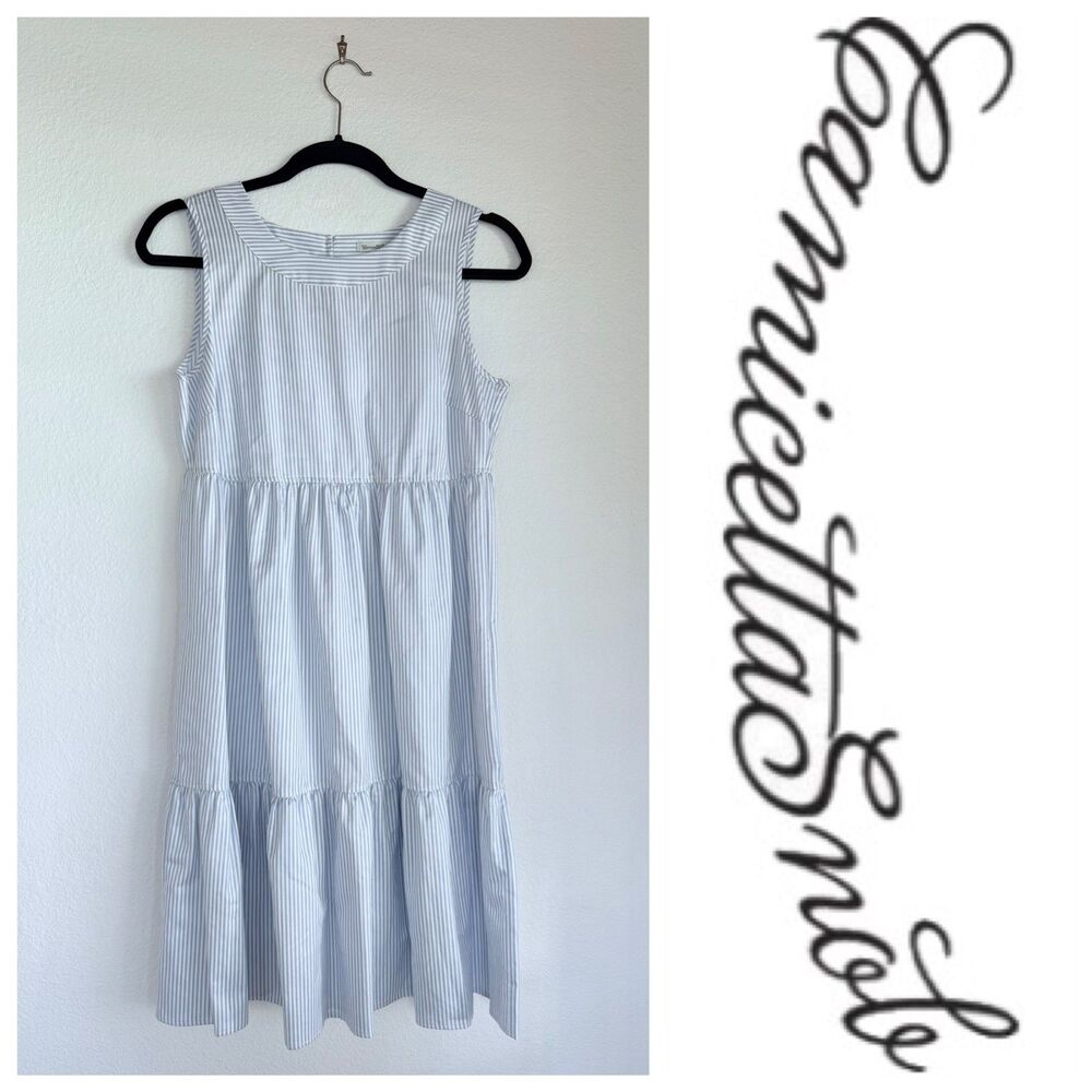 NWT CamicettaSnob Italy Sleeveless Light Blue & White Pinstripe Tiered Dress S